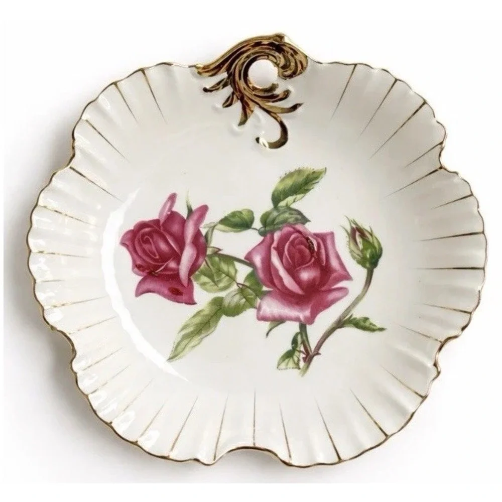 Vintage Hanging Scalloped Edge Floral‎ Dish Roses Gold Trim White Porcelain
